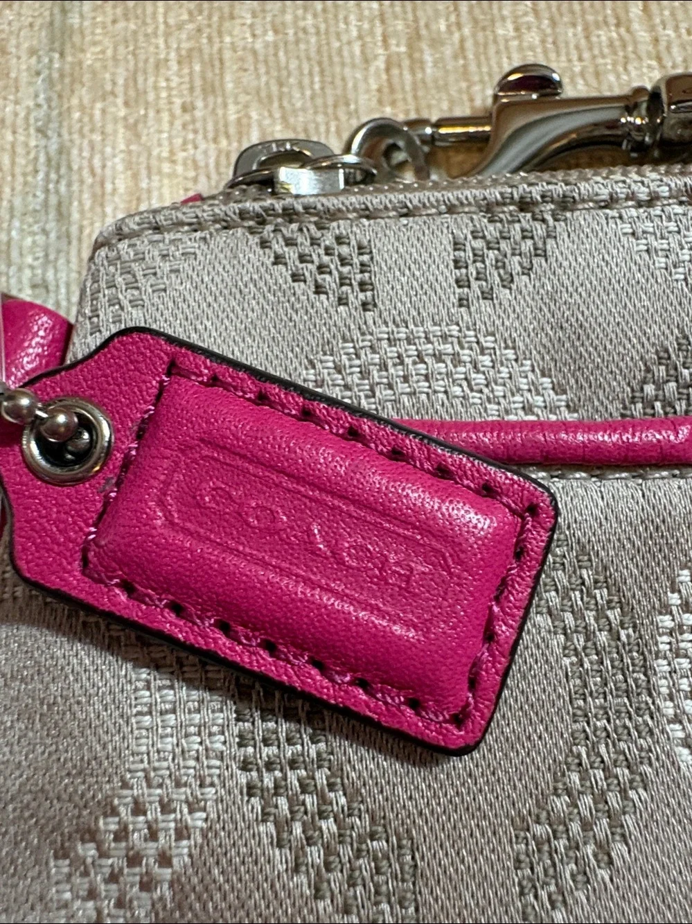 Coach Khaki Signature Canvas Wristlet with Pink Trim